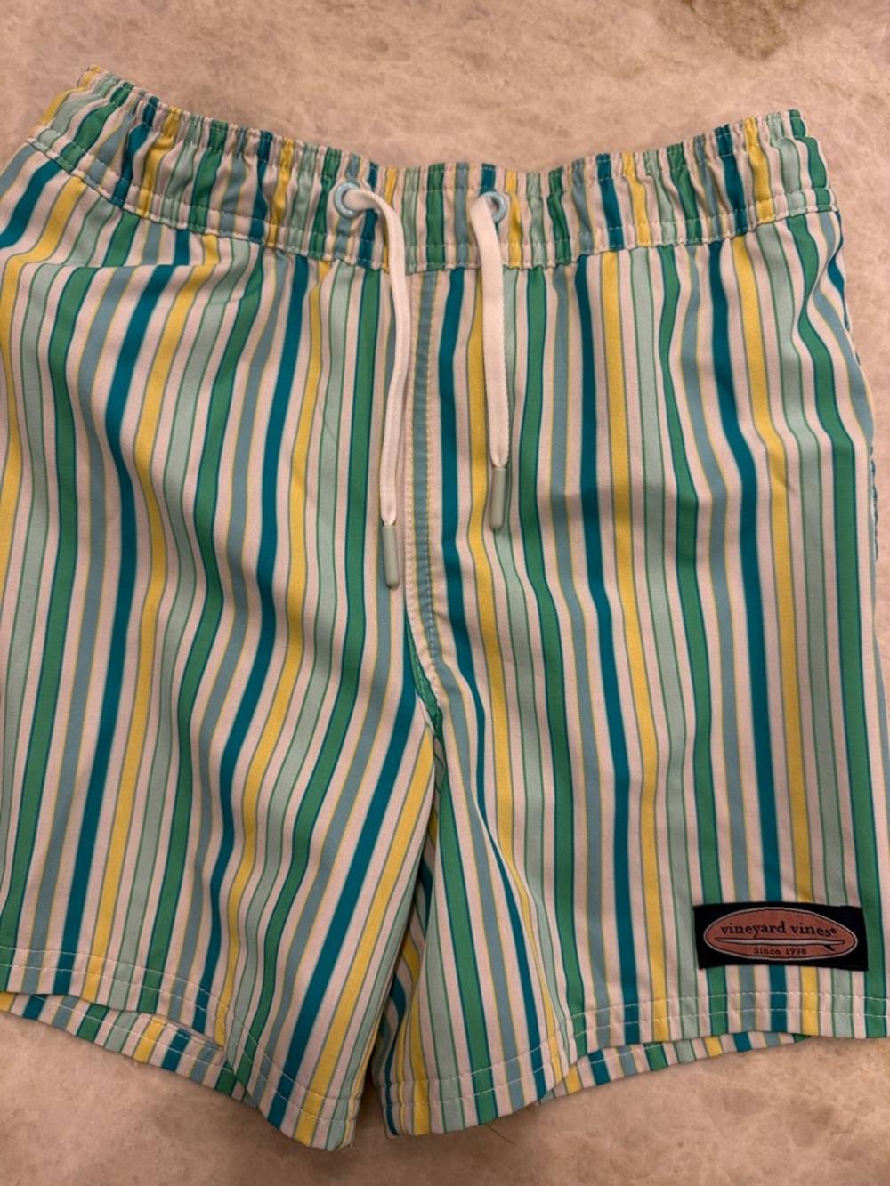 Vineyard Vines Multi-Stripe Swim Shorts in Teal, Yellow, White, Light Green
